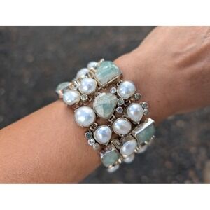 Vintage Jade Bracelet Heavy Silver Statement Jewelry Art Deco‎ sz 7.25 ***